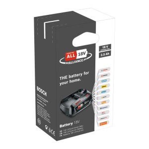 Bosch 18V 2,5 Ah lítium-ion akkumulátor csomagolásban, a POWER FOR ALL ALLIANCE része szerszámokhoz.