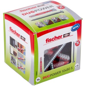 Fischer DuoPower 10x80 mm-es tiplik csavarokkal, dobozban. Univerzális tipli a biztonságos tartáshoz sok építőanyagban.