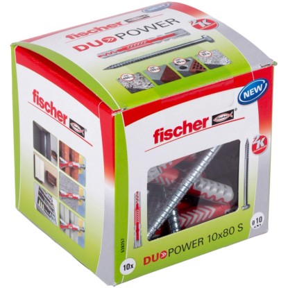 Fischer DuoPower 10x80 mm-es tiplik csavarokkal, dobozban. Univerzális tipli a biztonságos tartáshoz sok építőanyagban.