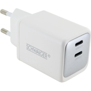 Fehér Schwaiger USB-C töltőadapter két USB-C porttal. 48W gyorstöltő mobiltelefon tartozékokhoz.