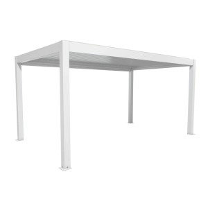 Fehér Biohort Pergola 5x3 m, egy modern teraszfedés lamellás tetővel.