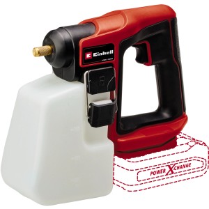Einhell Power X-Change GE-WS 18/10 Li-Solo akkus permetező, piros-fekete, átlátszó tartállyal és sárgaréz fúvókával.