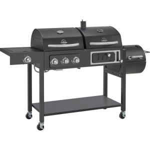 Fekete kombinált grill két grillező felülettel és polcokkal.
