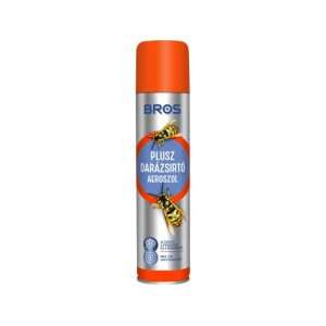 BROS Darázsirtó spray, ezüst színű doboz narancssárga fedéllel és darázs mintával.