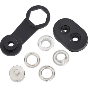 Szemkészlet kötélhúzáshoz, 15 mm, sárgaréz szürke, szerszámmal a szemek rögzítéséhez.