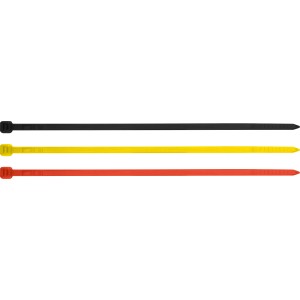 Kábelkötegelő készlet, 75 darabos, 150 mm, piros, sárga és fekete színben a kábelek rendszerezéséhez.