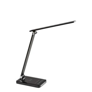 Modern fekete LED asztali lámpa állítható karral és érintőfunkcióval.