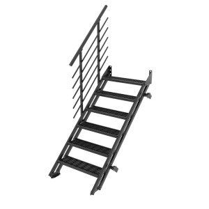 Minka Flex Grid kültéri lépcső, fekete, horganyzott fémből, 6 csúszásmentes rácsos lépcsőfokkal és korláttal.