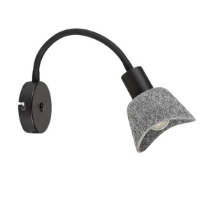 Modern LED fali lámpa szürke filcernyővel és fekete karral.