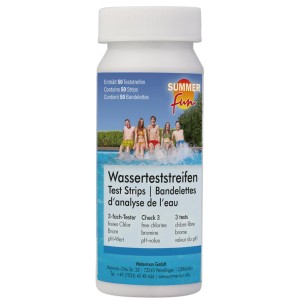 Summer Fun Pool Tester: Doboz 50 víztesztcsíkkal a pH, klór és lúgosság elemzéséhez.