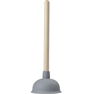 Szürke lefolyótisztító (Ø 140 mm) fa nyéllel, csőelzáródások megszüntetésére.