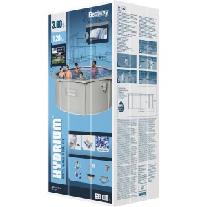 A Bestway Hydrium acélfalú medence komplett szett csomagolása Ø 360x120 cm, tartozékokkal.