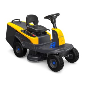 Stiga Swift 372e akkumulátoros fűnyíró traktor akkumulátorokkal és töltővel. Kompakt fűnyíró traktor sárga és szürke színben.