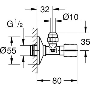 Műszaki rajz: Grohe sarokszelep 1/2 x 3/8 króm, mosógép szelep méretekkel.