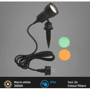 Briloner LED kerti spotlámpa Terra földszúróval, szín szűrőkkel (narancs, zöld) és GU10 izzóval.