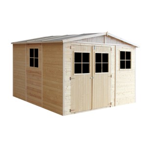 Timbela fa kerti ház M335, 9 m², ablakokkal, padló nélkül. Kezeletlen fa dupla ajtóval.