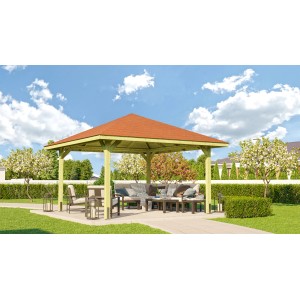 Weka Pavilon Gartenoase 651 A, fa pavilon zsindelytetővel és kerti bútorokkal.