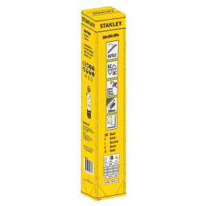 Stanley hegesztőelektróda csomagolása, sárga, termékinformációkkal és szimbólumokkal.