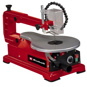Einhell TC-SS 406 E dekopírfűrész piros és ezüst színben, munkaasztallal és fűrészlapvédővel.