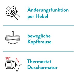 A baliv fejzuhany szett jellemzői: vízsugarak, mozgatható zuhanyfej, termosztatikus csaptelep.
