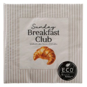 Boltze papírszalvéták bézs csíkokkal, croissant motívummal és 'Breakfast Club' felirattal, 16,5 cm.