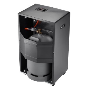 Fekete Rowi gázfűtés Blue Flame 4,2 kW termosztáttal és gázpalackkal.