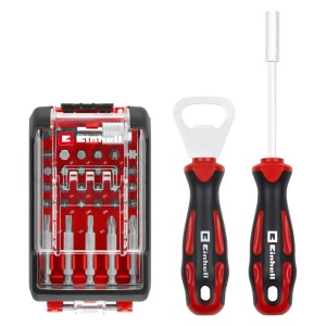 Piros Einhell Toolbox 32 részes bitkészlettel, csavarhúzó markolattal és sörnyitóval sokoldalú csavarozáshoz.