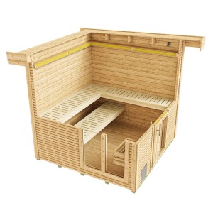 Belső nézet Weka Design Kuopio 1 szaunaház padokkal. Fa szaunaház.