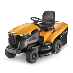 Sárga Stiga fűnyíró traktor, Estate modell. Ideális nagy kertekhez.