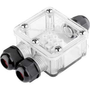 Vízálló csatlakozó IP68, 3x0,75-2,5mm², átlátszó ház fekete kábeltömítésekkel.