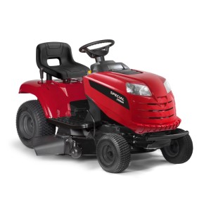 Piros t.b.t. fűnyíró traktor kertészkedéshez.