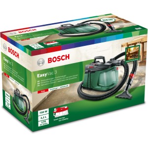 A Bosch EasyVac 3 száraz porszívó csomagolása, egy kompakt nedves és száraz porszívó barkácsolóknak.