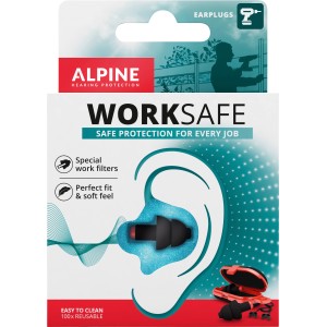 Alpine Work Safe füldugók dobozban, újrafelhasználható hallásvédelem zajos munkakörnyezethez.
