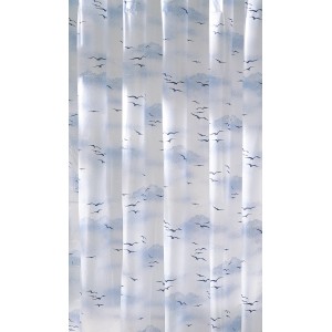 Kleine Wolke Sky Polar Blue zuhanyfüggöny felhő- és madármintával, 180x200 cm.