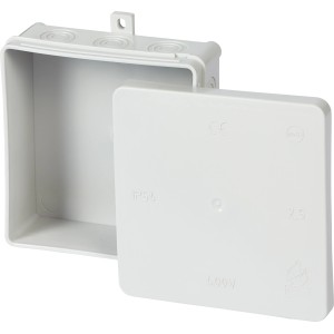 Szürke felületre szerelhető kötődoboz, 100x100mm, IP54, nyitott fedéllel elektromos szerelésekhez.