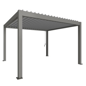 Biohort Pergola kvarcszürke/ezüstmetál színben, egy modern teraszfedés lamellákkal.