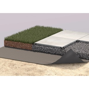 GS terasz geotextil szűrővlies 14 m² lapok és gyep alatt keresztmetszetben.