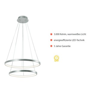 Modern, ezüstszínű Just Light LED Circle függőlámpa, Ø 50 cm, két világító gyűrűvel.
