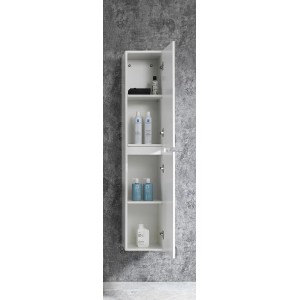 Nyitott, fehér Sanotechnik Corbo fürdőszobai fali szekrény (150x30x30 cm) polcokkal.