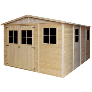 Timbela M336 faház, 11,97 m², ablakokkal, padló nélkül. Kezeletlen fa dupla ajtóval.