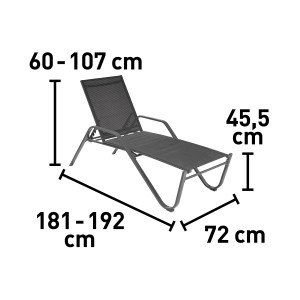 Pacora XL napozóágy antracit színben, textilből, méretei: 181-192x72x60-107 cm. Kerti ágy állítható háttámlával.
