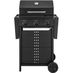 Fekete Cumbre gázgrill 3 égővel, hőmérővel és kerekekkel a könnyű szállításhoz.