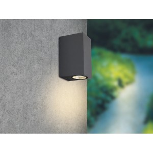 Modern, fekete LED kültéri fali lámpa LP1268B1 GU10 foglalattal, szürke falra szerelve.
