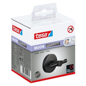 Tesa Moon grafit fürdőköpeny akasztó, csomagolva. Fürdőszobai segédeszköz falra szereléshez fúrás nélkül.