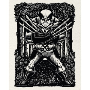 Fekete-fehér falikép: Marvel Wolverine linómetszet stílusban, 40x50 cm.