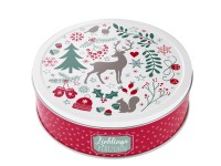 Kerek fém díszdoboz 16,5 cm x 7 cm karácsonyi mintás