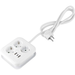 Fehér asztali elosztó 3 aljzattal, 3 USB porttal (1x USB-C, 2x USB-A) és 1,4m kábellel.