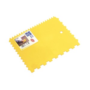Sárga LUX fogazott simító 180 mm Classic négy fogazással kőműves és burkoló munkákhoz.