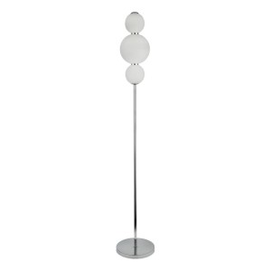 Modern LED állólámpa három fehér gömbbel és króm talppal.