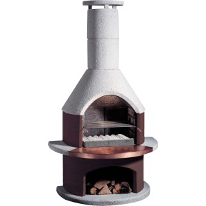 Buschbeck Rondo fehér-barna kerti grill kandalló fatárolóval és grillráccsal. Kerti grill faszénhez és fához.